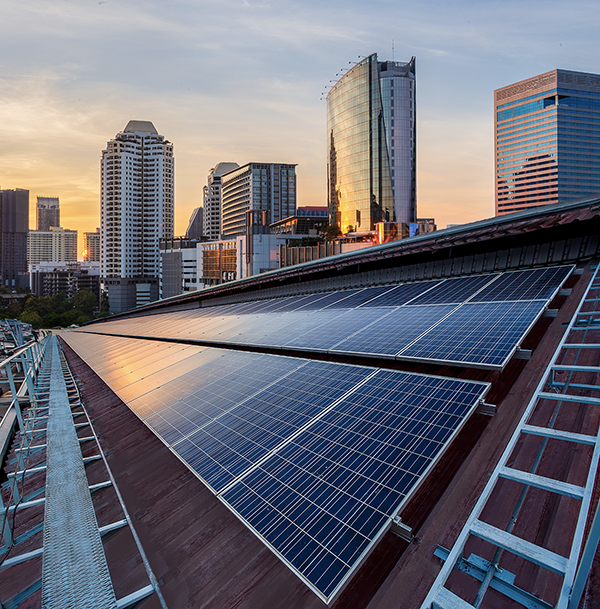 solar panels and cityscape